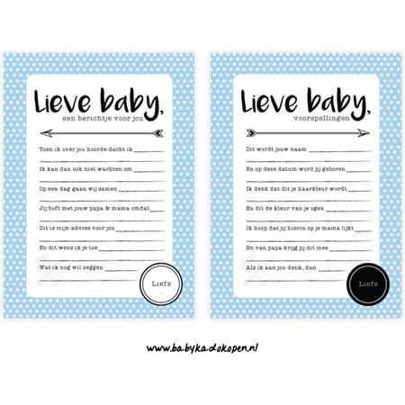 Invulkaarten Lieve Baby | Jongen Blauw | Babyshower spel | Gender Reveal Feest | Voorspellingen | Bericht voor de baby
